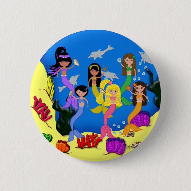 Macaron Rond 5 Cm Sirènes en océan avec bouton Dolphins (Devant)