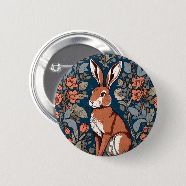 Macaron Rond 5 Cm Sitting Hare William Morris Inspiré Floral (Devant & derrière)