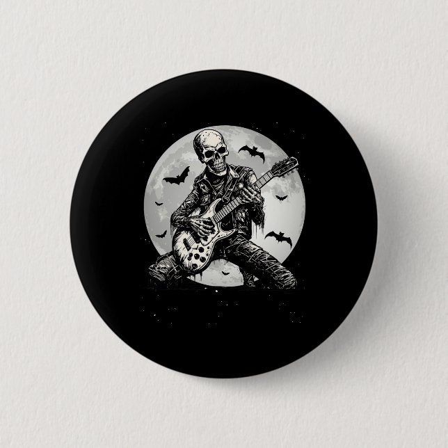 Macaron Rond 5 Cm Skeleton Jouer Guitare Punk Rock Musique Halloween (Devant)