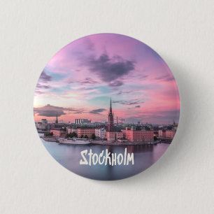 Macaron Rond 5 Cm Skyline nocturne de la capitale suédoise, Stockho
