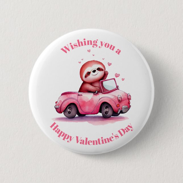 Macaron Rond 5 Cm Sloth Driving a Pink Convertible Valentine's Day (Devant)