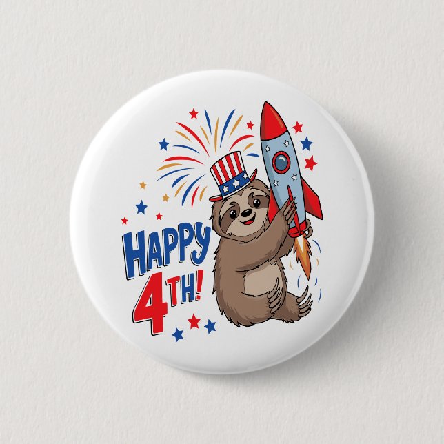 Macaron Rond 5 Cm Sloth Happy 4th Rocket Fireworks USA (Devant)