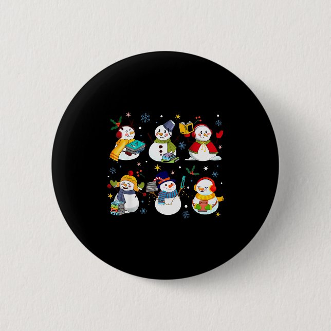 Macaron Rond 5 Cm Snowman Reading Books Teacher Christmas Librarian  (Devant)