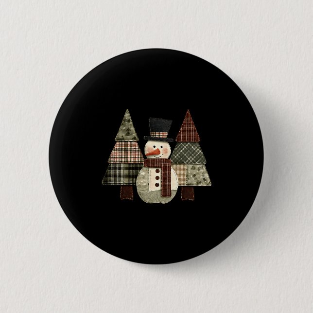 Macaron Rond 5 Cm Snowman Trees Patchwork Plaid Trees Rustic Christm (Devant)