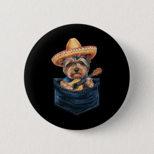 Macaron Rond 5 Cm Sombrero Yorkshire Terrier Chien Jouant Guitare Ci