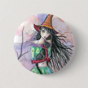 Macaron Rond 5 Cm Sorcière de Halloween Chat Bouton Épinglette