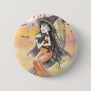 Macaron Rond 5 Cm Sorcière d'Halloween Chat Noir Bouton Épinglette