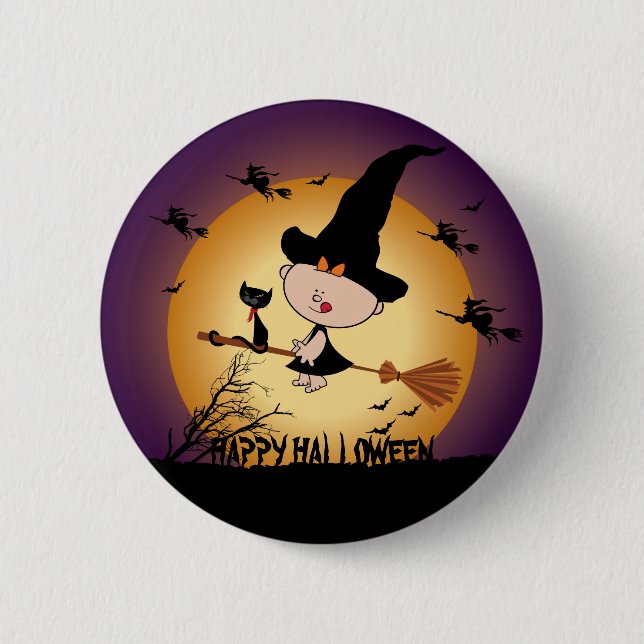 Macaron Rond 5 Cm Sorcière d'Halloween sur le bouton Broomstick (Devant)