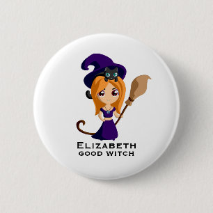 Macaron Rond 5 Cm Sorcière mignonne en Casquette violet Halloween