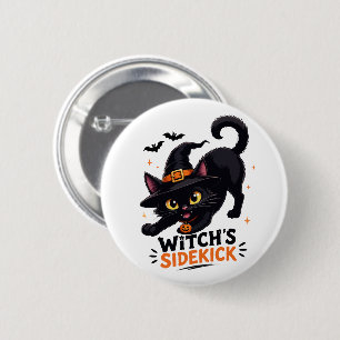 Macaron Rond 5 Cm Sorcière Mignonne et son Chat Noir Compagnon Hallo