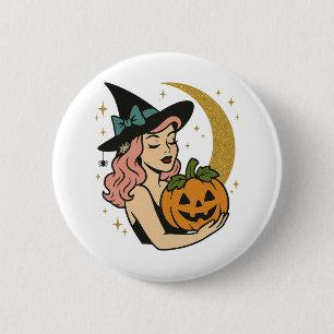 Macaron Rond 5 Cm Sorcière Vintage avec Citrouille Halloween