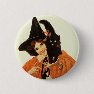 Macaron Rond 5 Cm Sorcière Vintage Magnifique avec joli chat noir