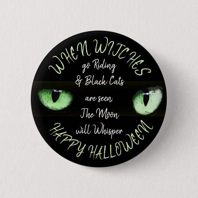 Macaron Rond 5 Cm Sorcières, Pleine lune, Chat noir Joyeux Halloween (Devant)
