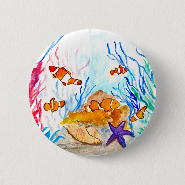 Macaron Rond 5 Cm Sous l'aquarelle de mer poisson océan (Devant)
