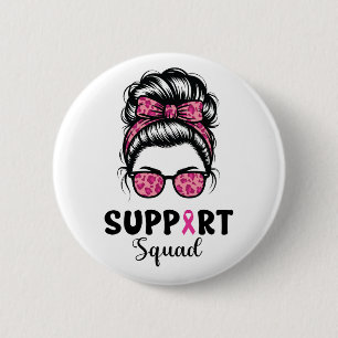 Macaron Rond 5 Cm Soutien Squad Messy Bun Pink Warrior Cancer du sei