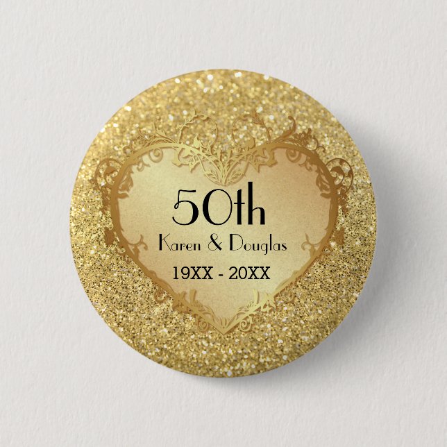 Macaron Rond 5 Cm Sparkle Gold Heart 50e anniversaire de Mariage (Devant)