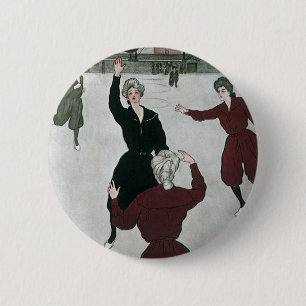 Macaron Rond 5 Cm Sports Anciens, Joueuses de Basket-ball en Jeu