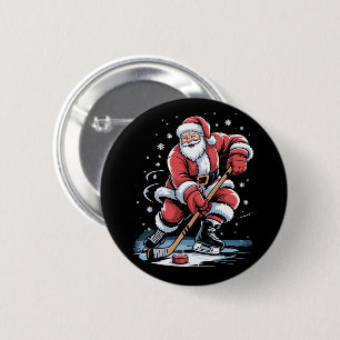 Macaron Rond 5 Cm Sports de Noël Le Père Noël Joue au Hockey sur Gla