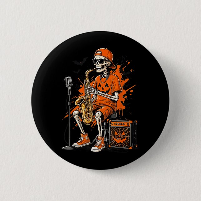 Macaron Rond 5 Cm Squelette Saxophone Halloween Drôle Saxophoniste H (Devant)