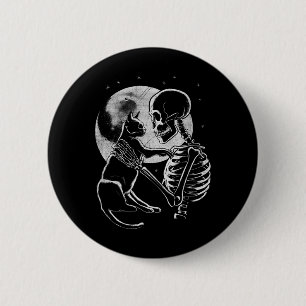 Macaron Rond 5 Cm Squelette tenant un chat Drôle Halloween Hommes Fe