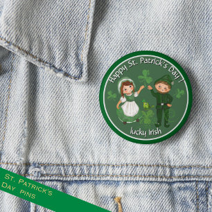 Macaron Rond 5 Cm ST. Patrick's Day vintage Leprechaun & fille