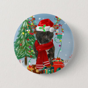 Macaron Rond 5 Cm Staffordshire Bull Terrier Dog dans la neige Noël