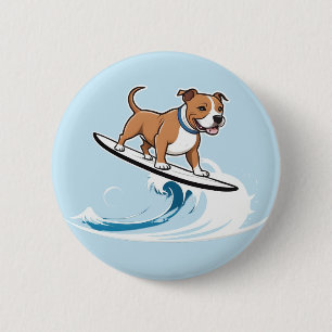 Macaron Rond 5 Cm Staffordshire Bull Terrier Surfant Les Vagues,