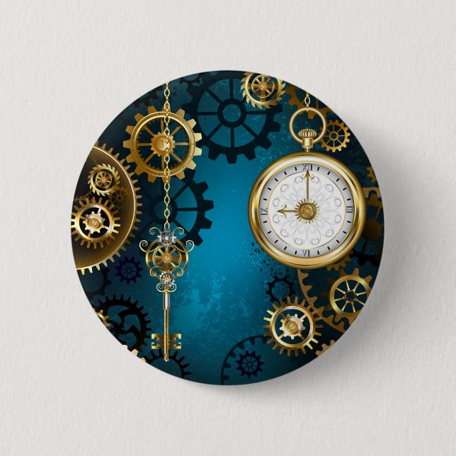 Macaron Rond 5 Cm Steampunk Arrière - plan turquoise avec Gears (Devant)