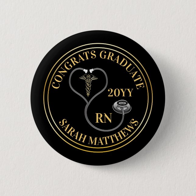 Macaron Rond 5 Cm Stethoscope Caduceus RN Congrats Diplômés - Noir (Devant)