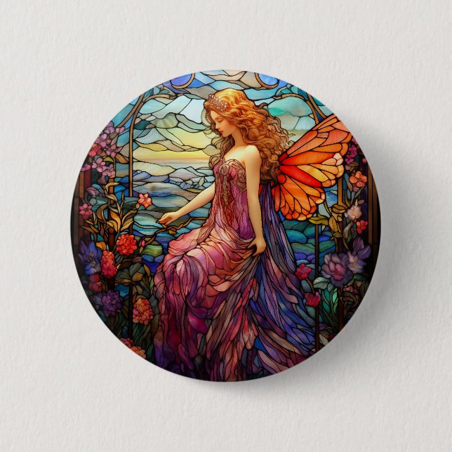 Macaron Rond 5 Cm Style Tiffany Vitrail Verre magique Fée (Devant)