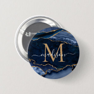 Macaron Rond 5 Cm Stylo Marine Blue Gold Agate Geode Girly Monogramm