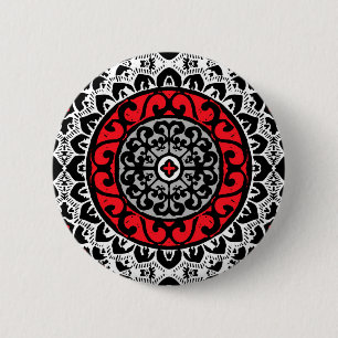Macaron Rond 5 Cm Sud-Ouest Sun Mandala Batik, Rouge, Noir et Blanc