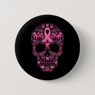 Macaron Rond 5 Cm Sugar Crâne rose Ruban Calavera Cancer du sein Awa