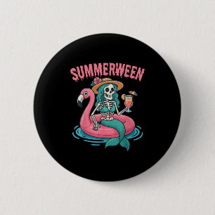Macaron Rond 5 Cm Summerween Mermaid Skeleton Beach Flamant rose Hal