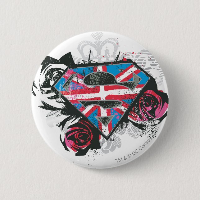Macaron Rond 5 Cm Supergirl British Drapeau et Roses (Devant)