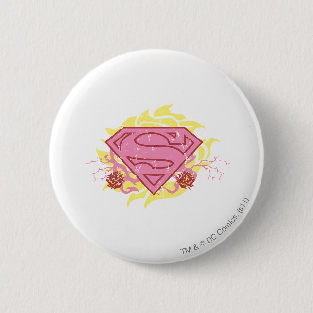 Macaron Rond 5 Cm Supergirl Fleurs roses (Devant)