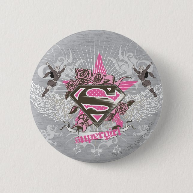 Macaron Rond 5 Cm Supergirl Star et Rose (Devant)
