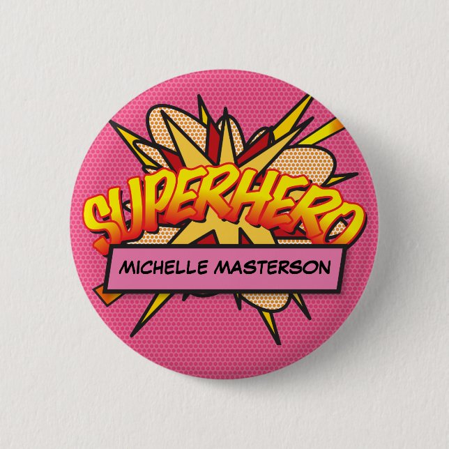 Macaron Rond 5 Cm SUPERHERO Personnalisé Comic Book Rose (Devant)