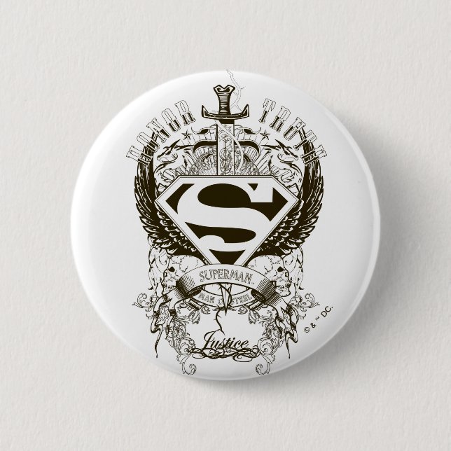 Macaron Rond 5 Cm Superman Stylisé | Honneur, vérité sur logo blanc (Devant)