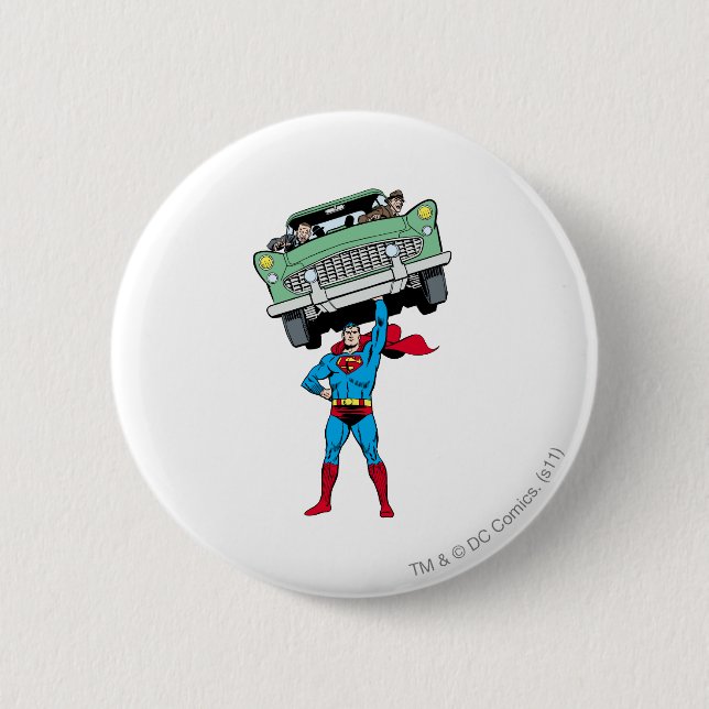 Macaron Rond 5 Cm Superman tient une voiture (Devant)