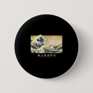 Macaron Rond 5 Cm Surf Samoyed Kanagawa Vague Chien Japonais Drôle