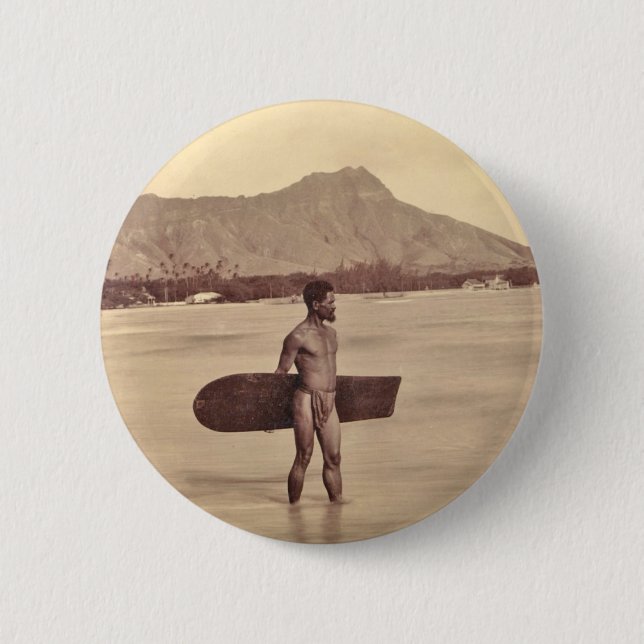 Macaron Rond 5 Cm Surfer hawaïen indigène, C. 1890 (Devant)