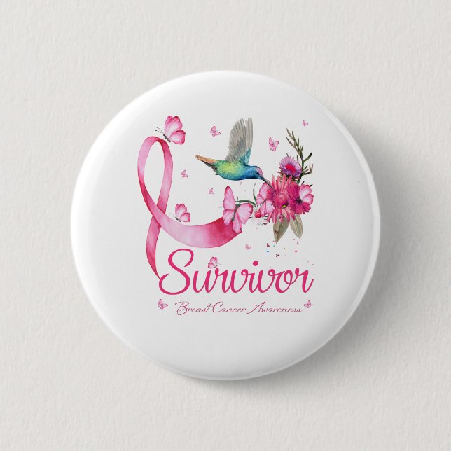 Macaron Rond 5 Cm Survivant Hummingbird Ribbon Cancer du sein (Devant)