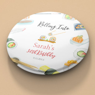 Macaron Rond 5 Cm Sushi et Sashimi Anniversaire Aquarelle Blanc