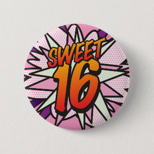 Macaron Rond 5 Cm SWEET 16 Anniversaire Fun Retro Comic Book