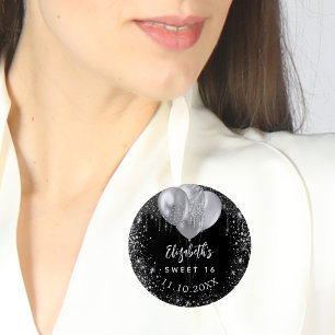 Macaron Rond 5 Cm Sweet 16 argent noir parties scintillant nom ballo