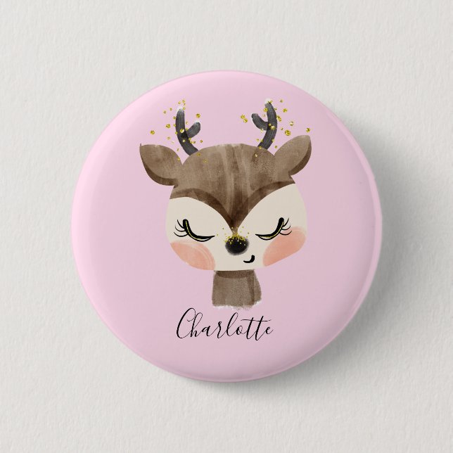 Macaron Rond 5 Cm Sweet Cute & Girly Pastel Blush Rose Bébé Reindeer (Devant)
