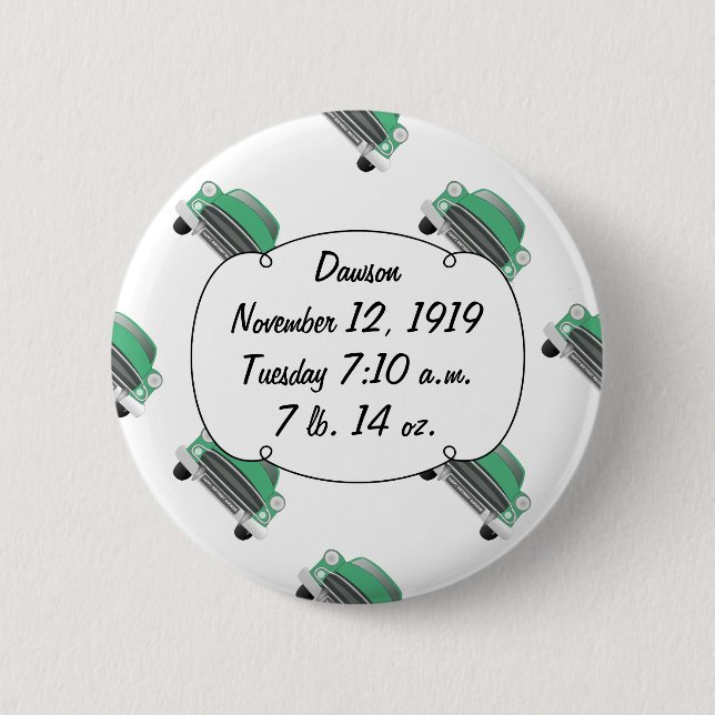Macaron Rond 5 Cm Sweet Green Classic Car bébé garçon Statistiques (Devant)