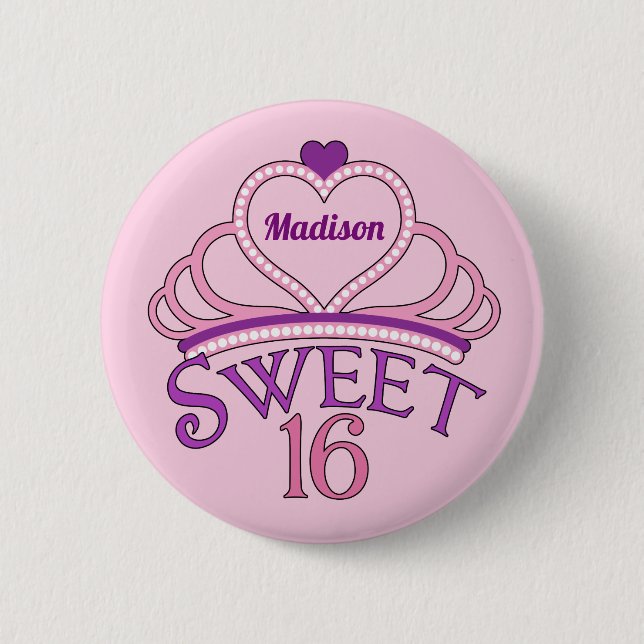 Macaron Rond 5 Cm Sweet sixteen Cute Tiara Fille d'anniversaire (Devant)