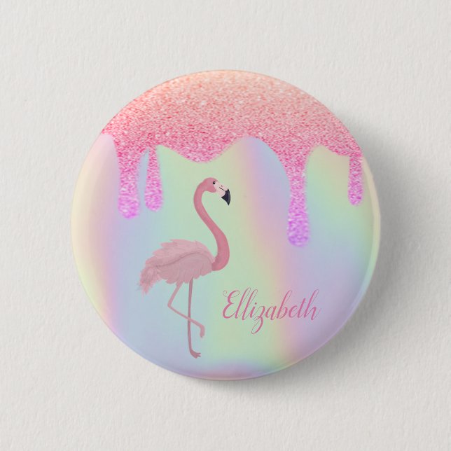 Macaron Rond 5 Cm Sweet tendance Holographique, Flamant rose rose (Devant)